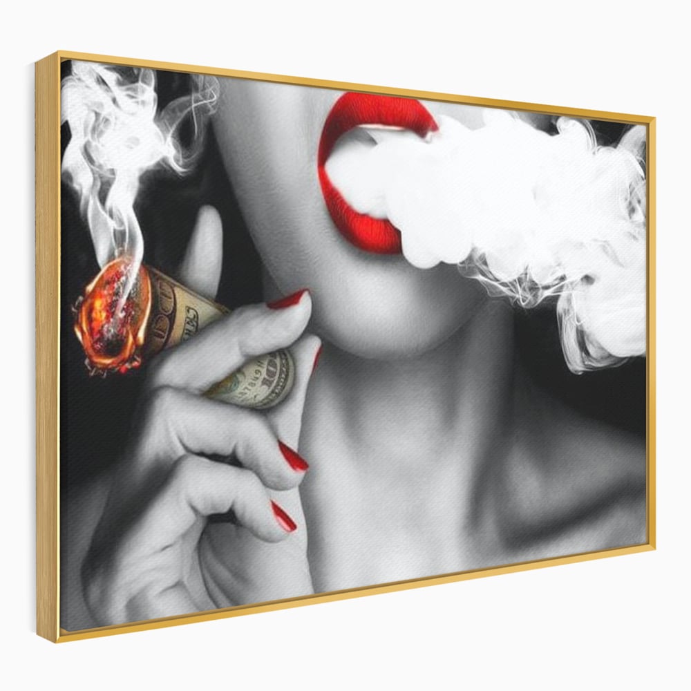 Tablou canvas cu tablou canvas cu buze rosii si tigara de bani, in rama de aluminiu auriu